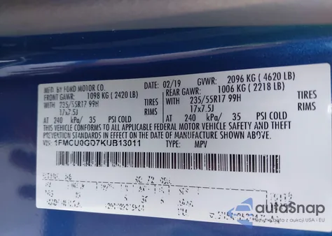 2019 Ford Escape Se z USA, uszkodzony, nr VIN 1FMCU0GD7KUB13011